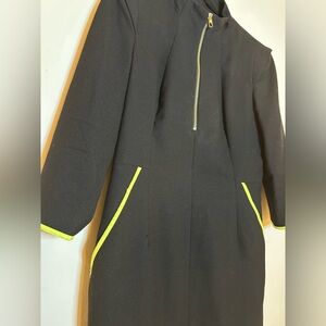 Ted Baker Black Dress with Shoulder Pads, Zipper & Neon Details